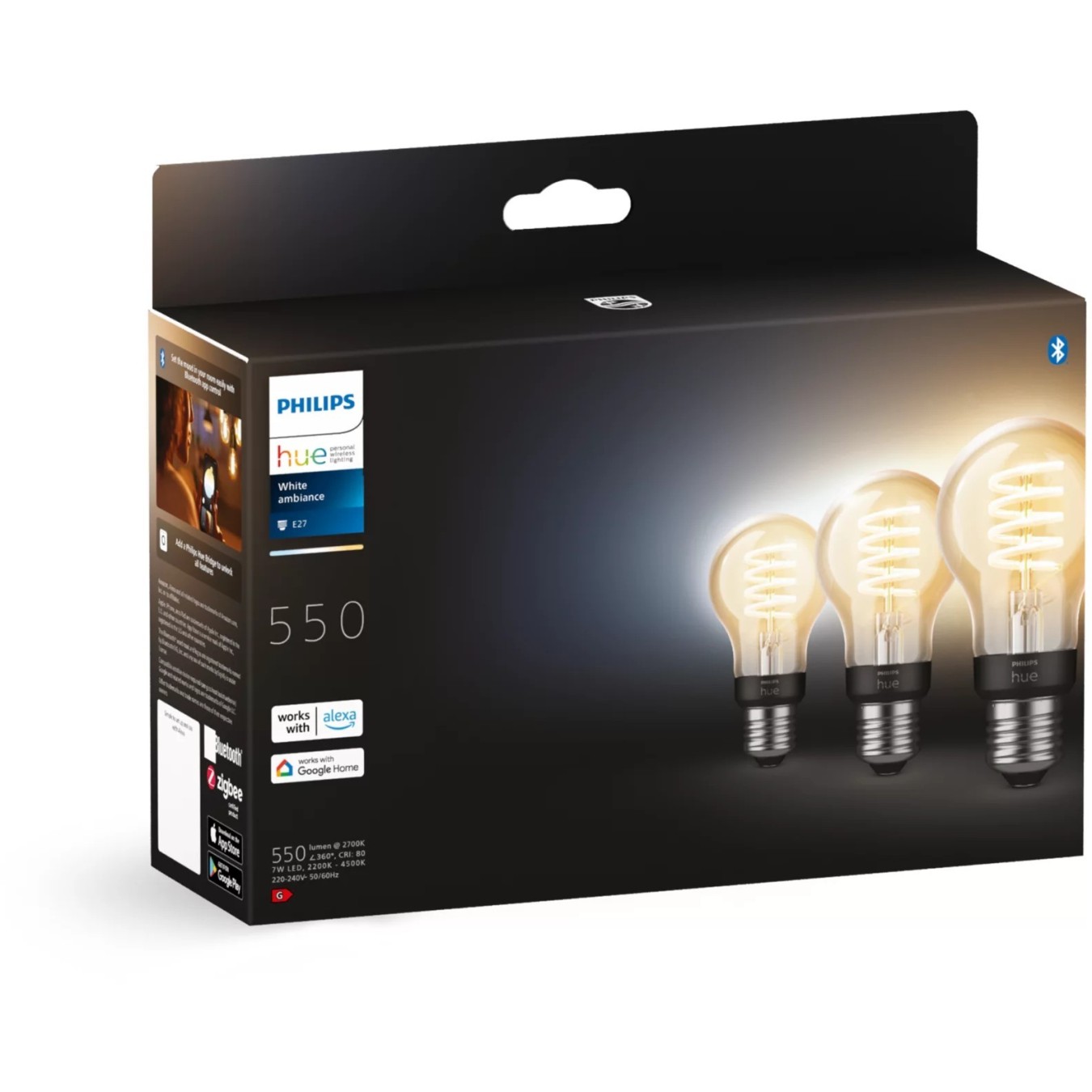 Philips Hue White Ambiance E27 Filament 3-pack - Characteristics (Bluetooth, E27, A60, 2200-4500 K, 7 W, CRI 80)