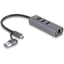 DELOCK 3-Port USB 5 Gbps Hub + Gigabit LAN with USB-C or USB-A host connector - Grey metal housing