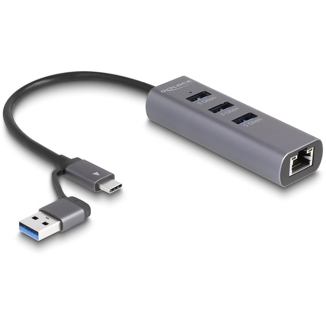 DELOCK 3-Port USB 5 Gbps Hub + Gigabit LAN with USB-C or USB-A host connector - Grey metal housing