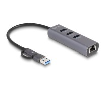 DELOCK 3-Port USB 5 Gbps Hub + Gigabit LAN with USB-C or USB-A host connector - Grey metal housing