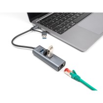 DELOCK 3-Port USB 5 Gbps Hub + Gigabit LAN with USB-C or USB-A host connector - Grey metal housing