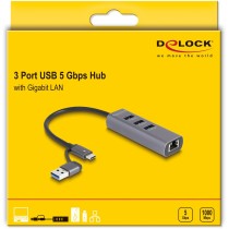 DELOCK 3-Port USB 5 Gbps Hub + Gigabit LAN with USB-C or USB-A host connector - Grey metal housing