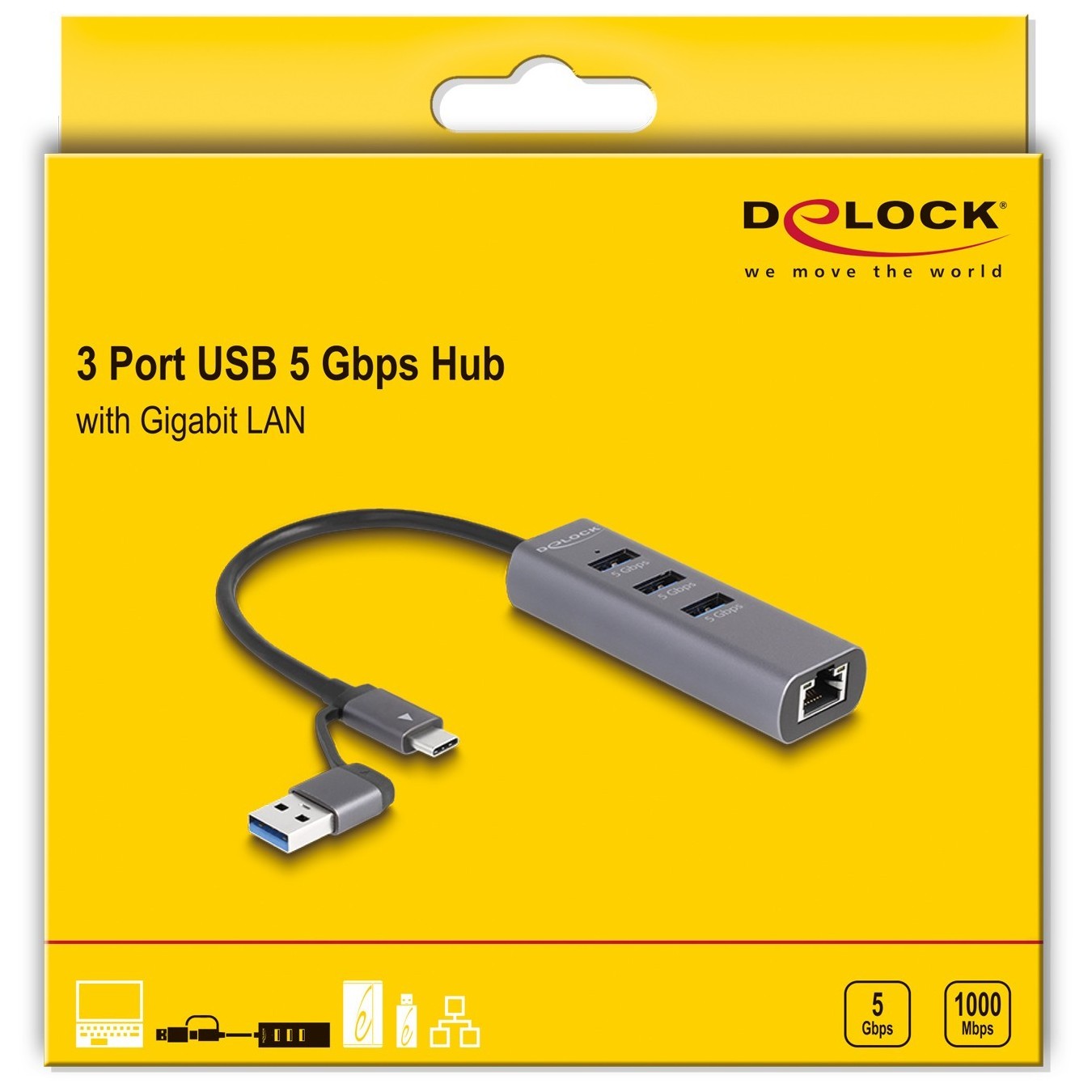 DELOCK 3-Port USB 5 Gbps Hub + Gigabit LAN with USB-C or USB-A host connector - Grey metal housing