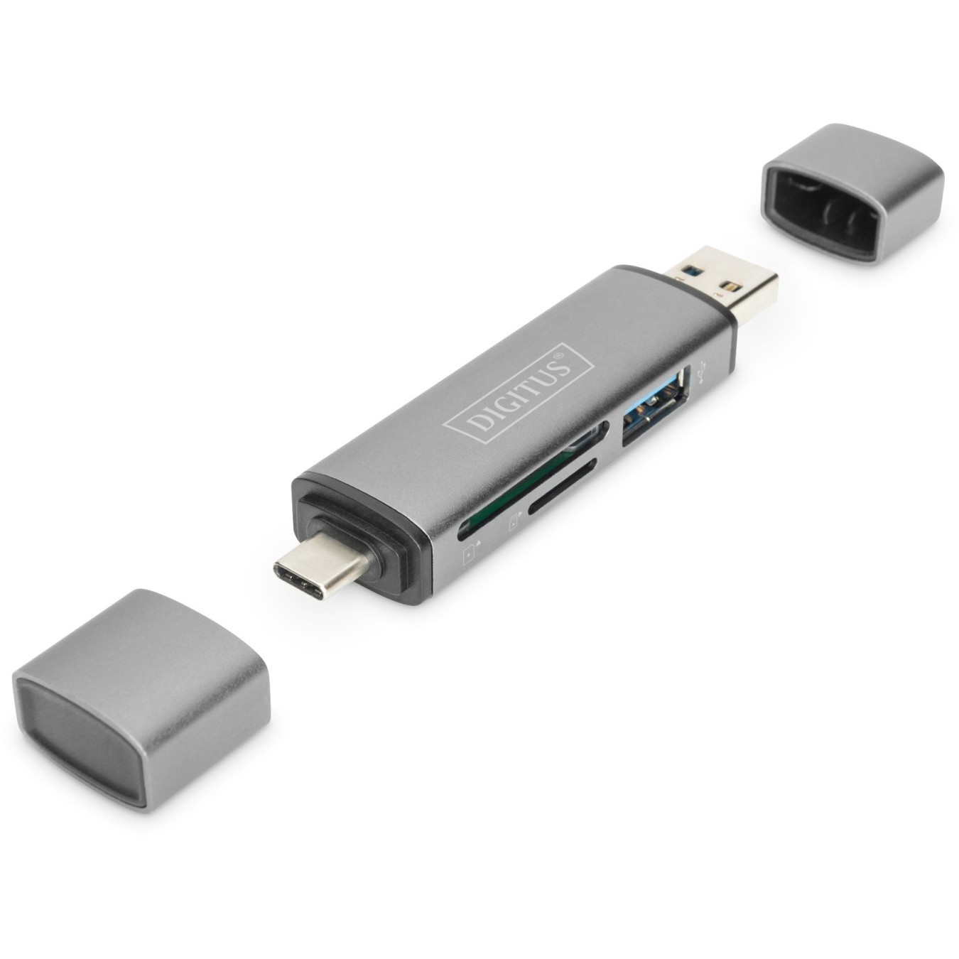 Digitus USB-C + USB 3.0 Card Reader OTG - SD & MicroSD, Aluminium, 5000 Mbit/s, CE, USB 3.2 Gen 1 Type-A/Type-C