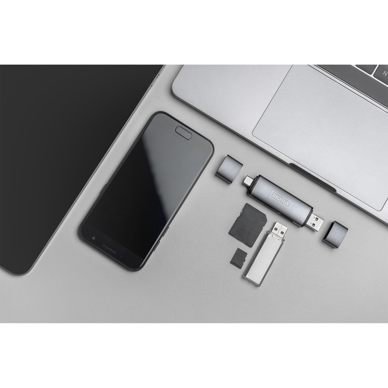 Digitus USB-C + USB 3.0 Card Reader OTG - SD & MicroSD, Aluminium, 5000 Mbit/s, CE, USB 3.2 Gen 1 Type-A/Type-C