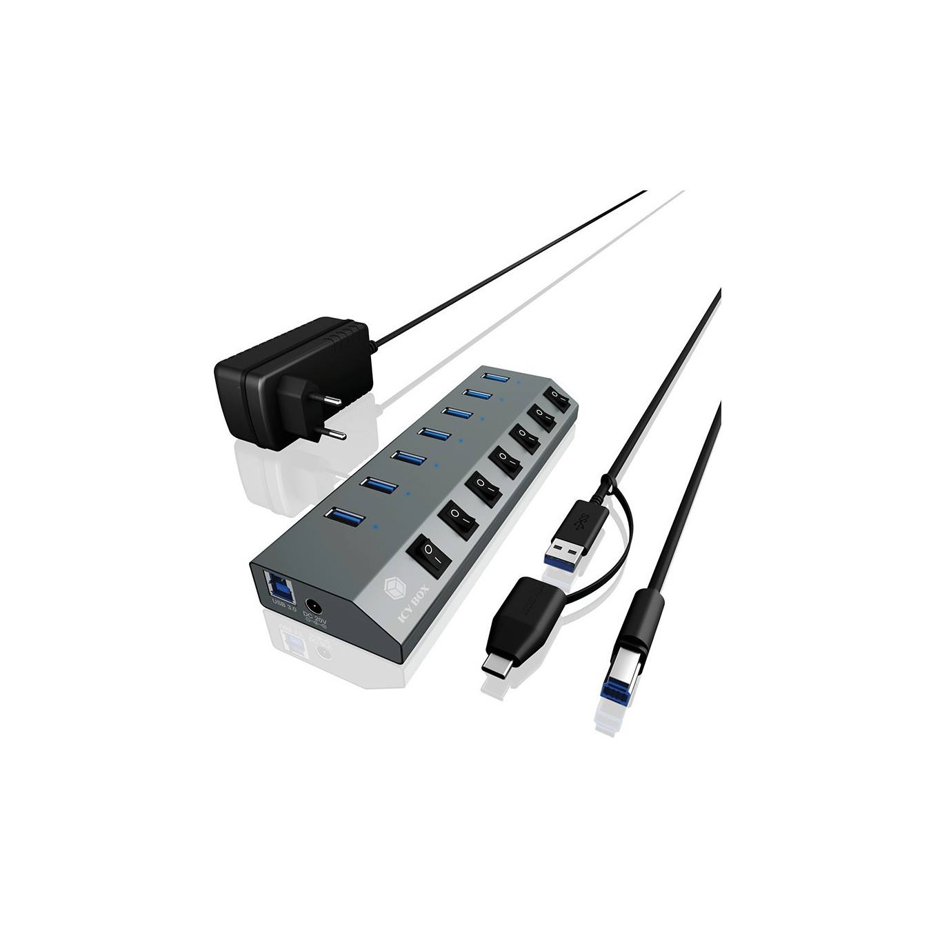 USB 3.0 Hub 7-Port ICY BOX - Grey, self-powered with external power supply, 7x USB 3.0, per-port on/off switches