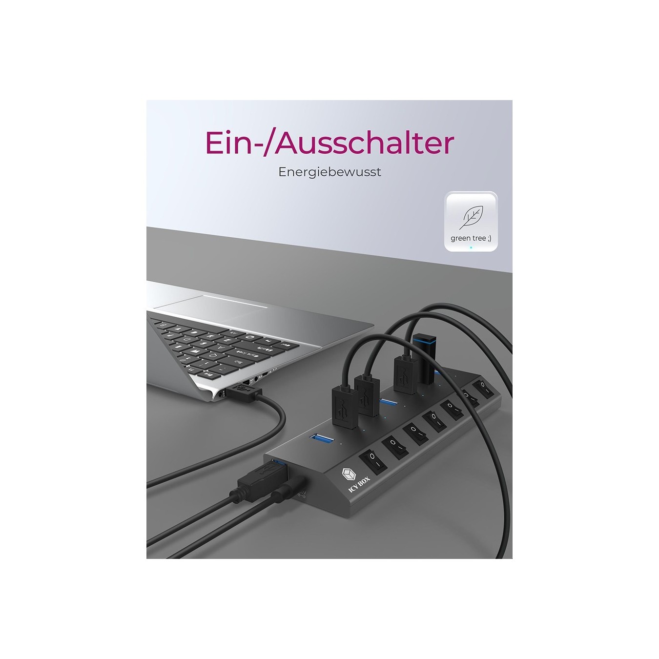 USB 3.0 Hub 7-Port ICY BOX - Grey, self-powered with external power supply, 7x USB 3.0, per-port on/off switches