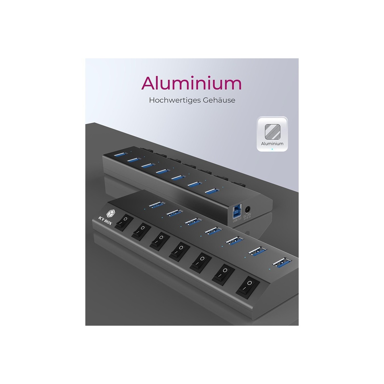 USB 3.0 Hub 7-Port ICY BOX - Grey, self-powered with external power supply, 7x USB 3.0, per-port on/off switches