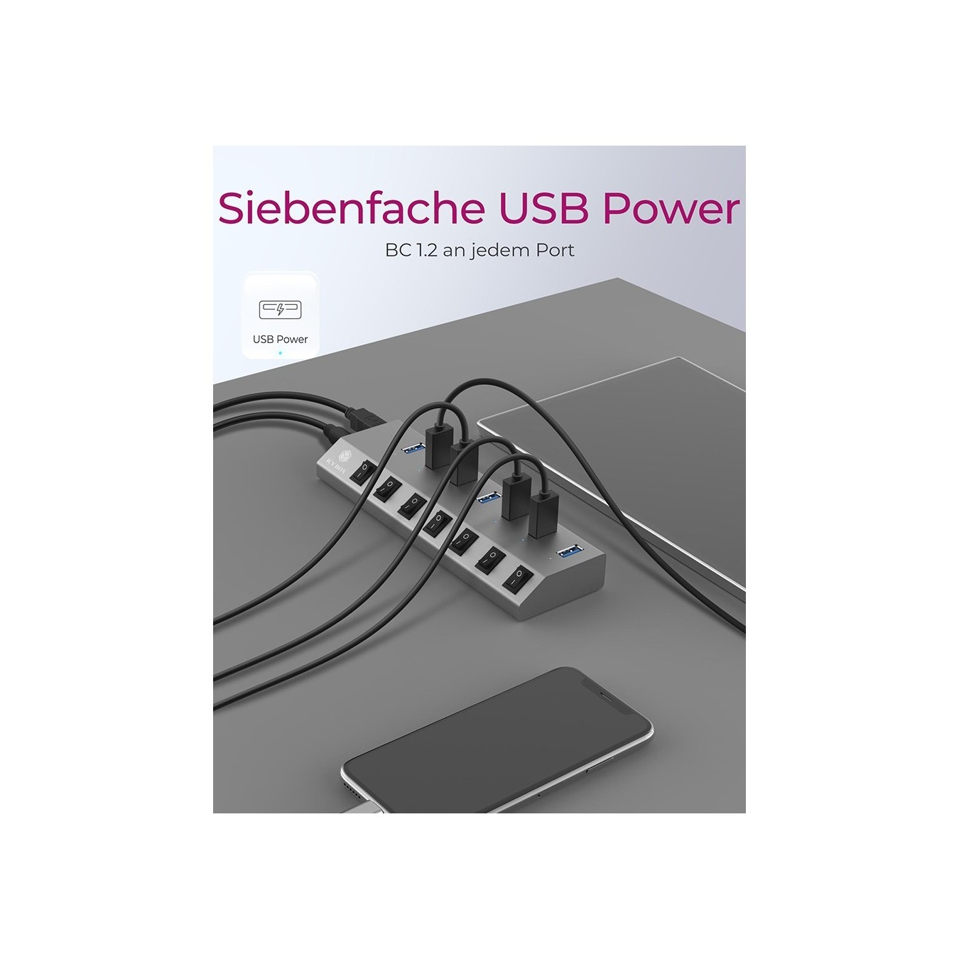 USB 3.0 Hub 7-Port ICY BOX - Grey, self-powered with external power supply, 7x USB 3.0, per-port on/off switches