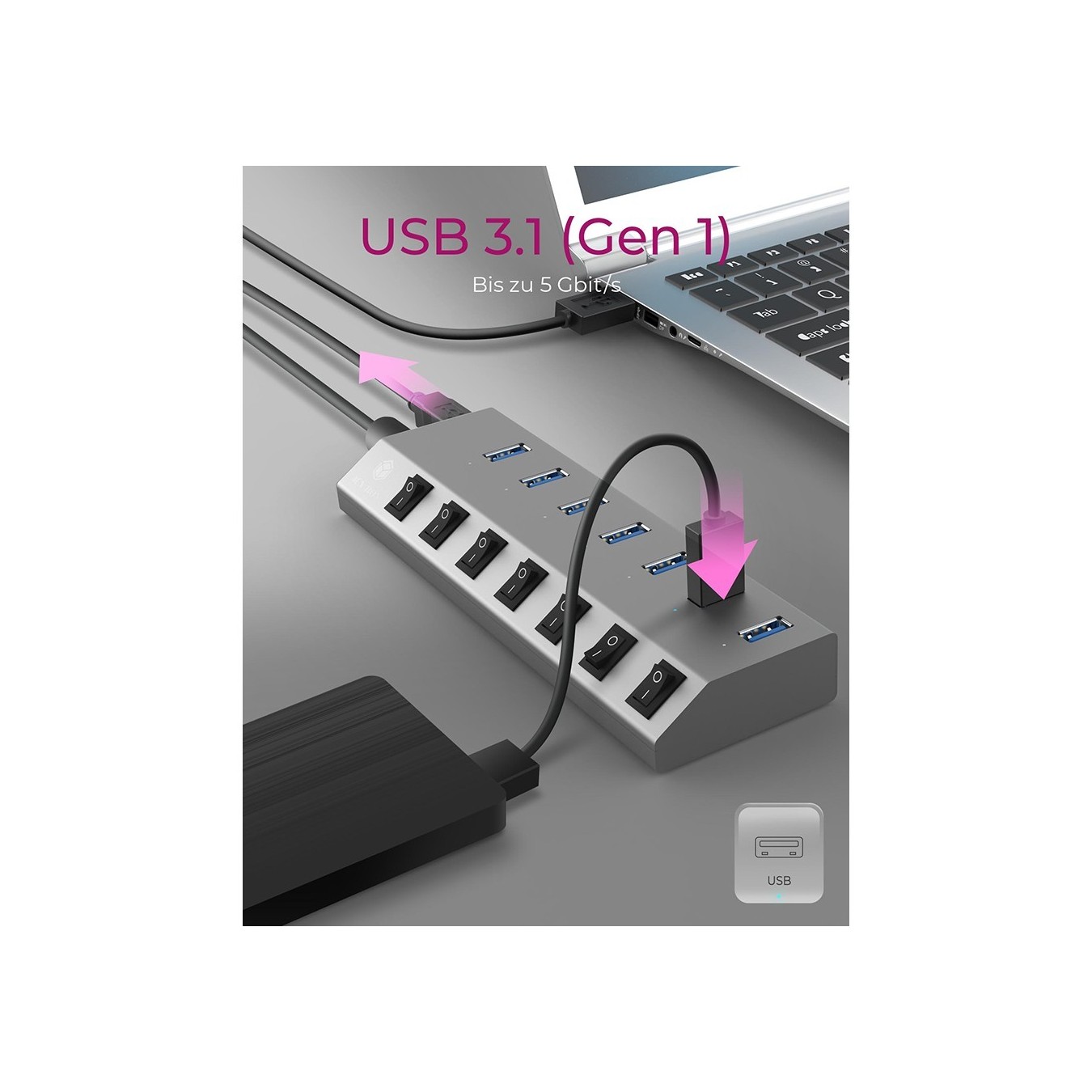 USB 3.0 Hub 7-Port ICY BOX - Grey, self-powered with external power supply, 7x USB 3.0, per-port on/off switches