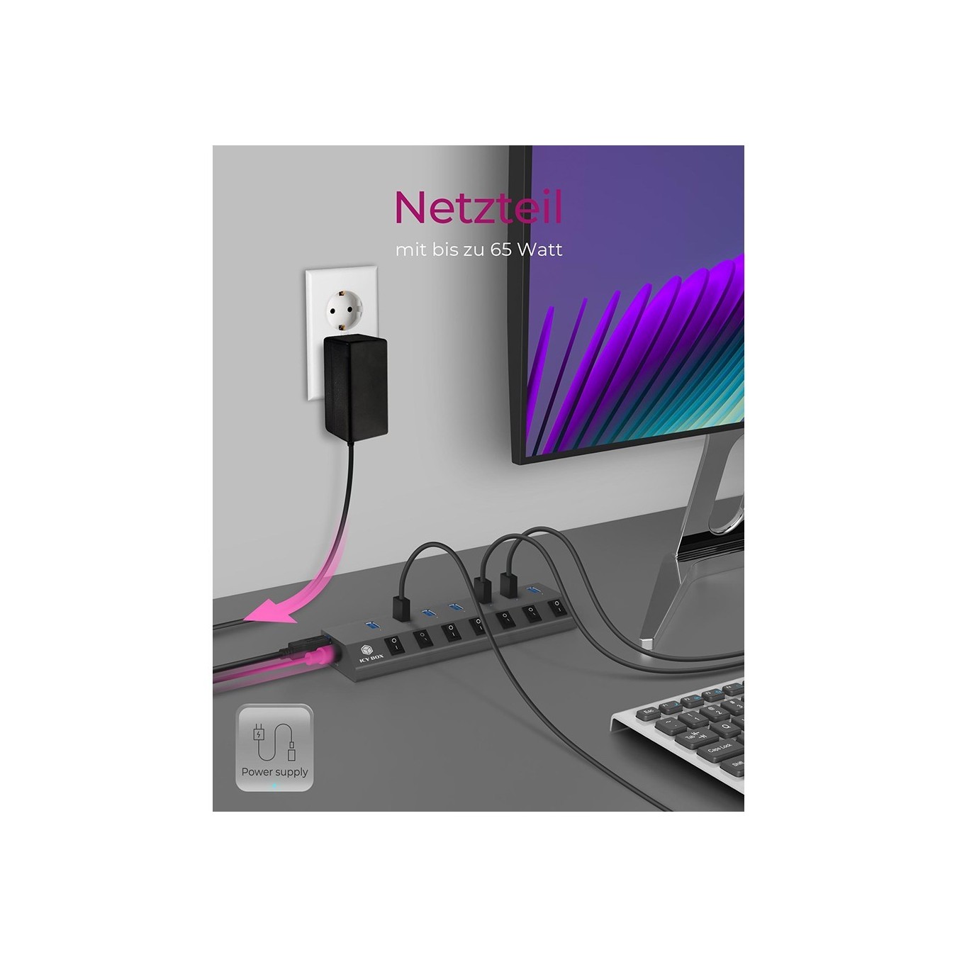 USB 3.0 Hub 7-Port ICY BOX - Grey, self-powered with external power supply, 7x USB 3.0, per-port on/off switches