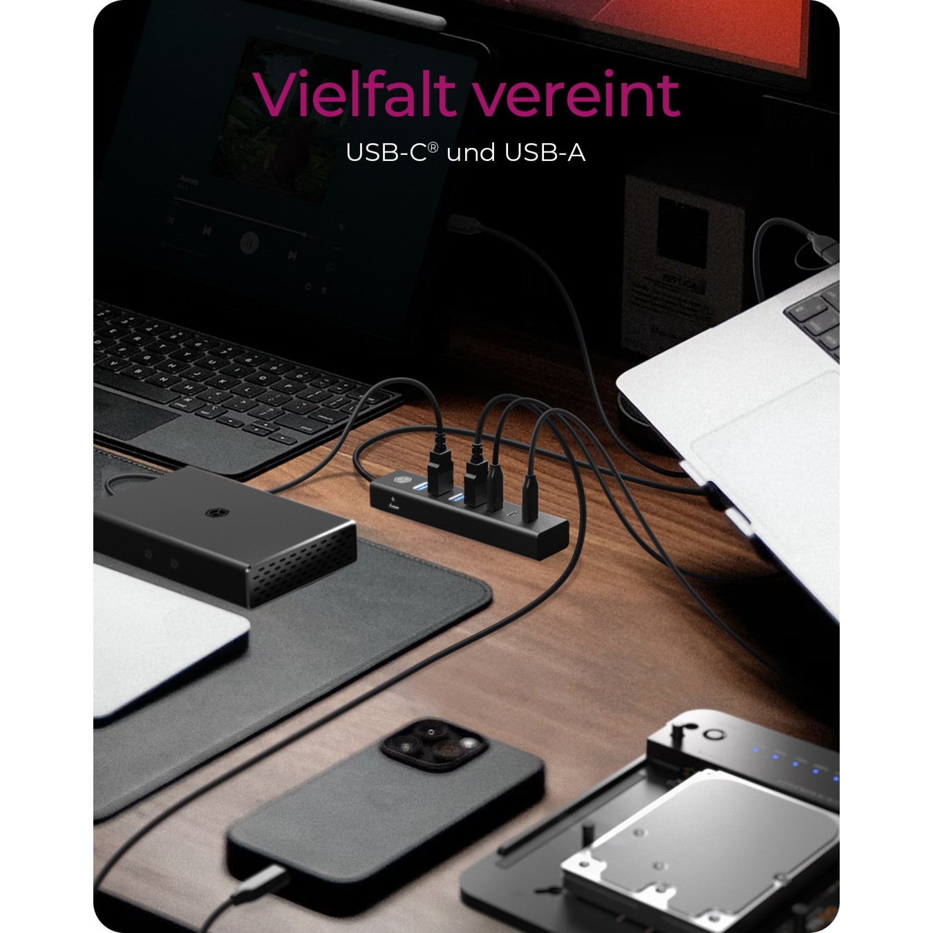 ICY BOX IB-HUB1737-C3 USB-C USB-A 3.2 HUB 7-Port 4xUSB-A 3xUSB-C - IB-HUB1737-C3 - Black, Aluminium, 7-port hub