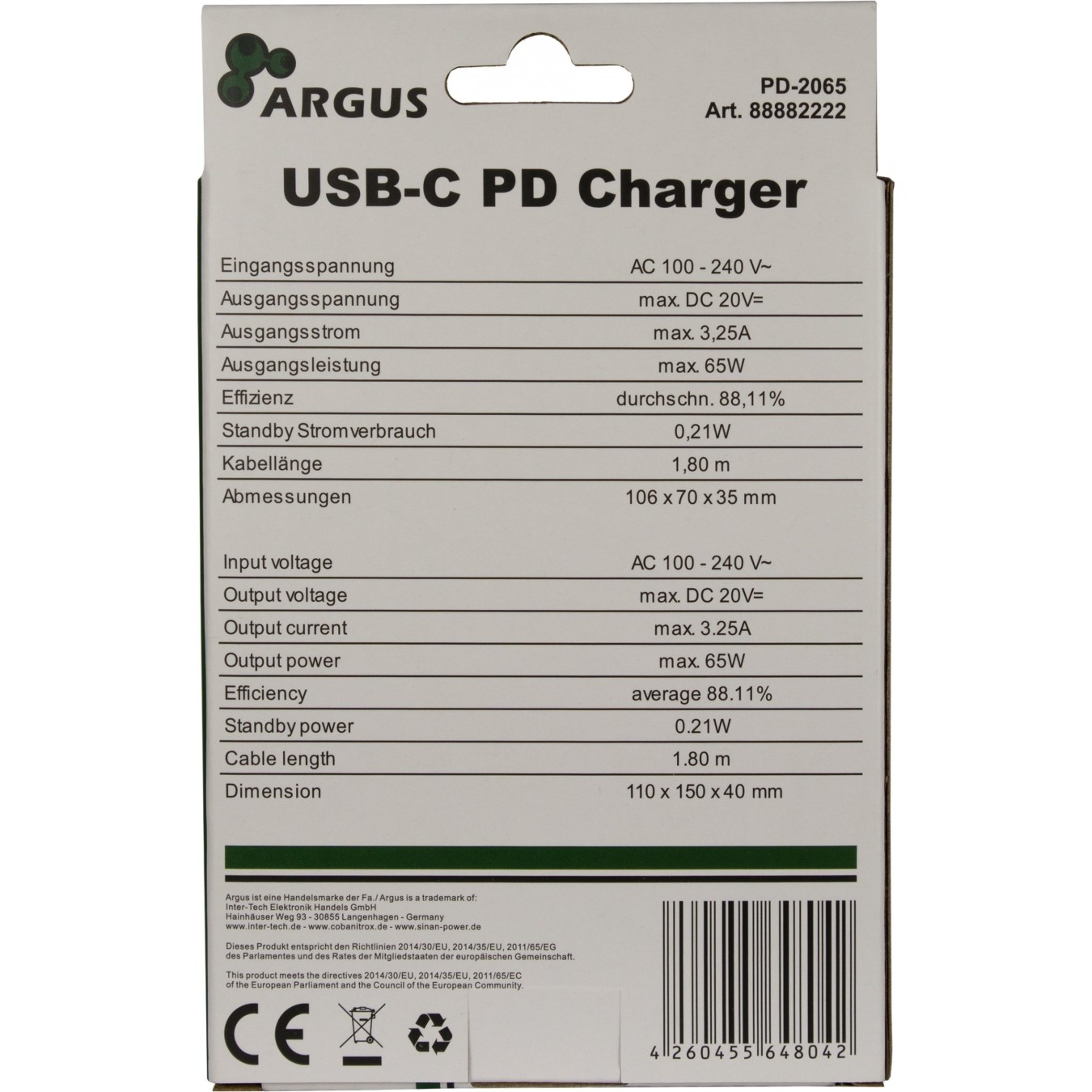 Charger USB-C 65W Black INTER-TECH - PD-2065 - (Color: Black) — Buy in Cyprus with Fast Delivery