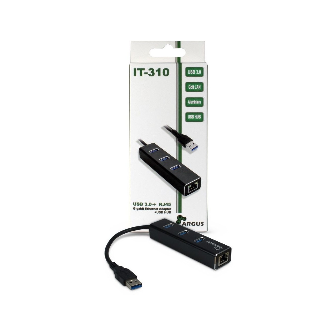 USB3.0 HUB 3Port Inter-Tech Argus - IT-310 - Aluminium Black, 3x USB 3.2 Gen1 Type-A, 1x RJ-45 Gigabit LAN