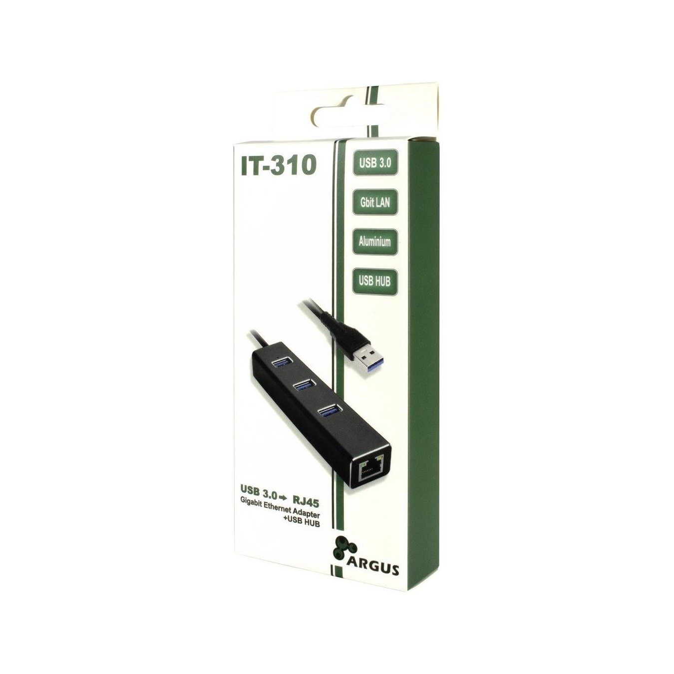 USB3.0 HUB 3Port Inter-Tech Argus - IT-310 - Aluminium Black, 3x USB 3.2 Gen1 Type-A, 1x RJ-45 Gigabit LAN