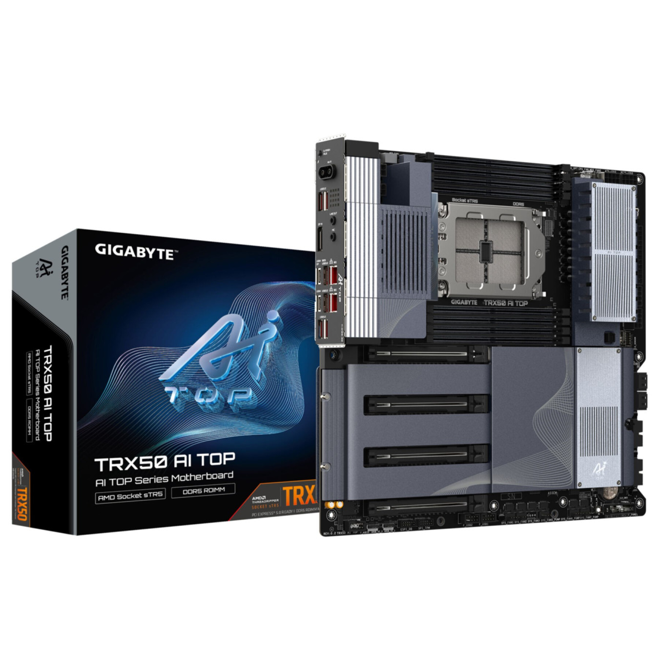 GIGABYTE TRX50 AI TOP - sTR5 E-ATX Motherboard, DDR5, 8x DIMM (up to 2TB), 4x M.2, Wi-Fi 7, 10GbE