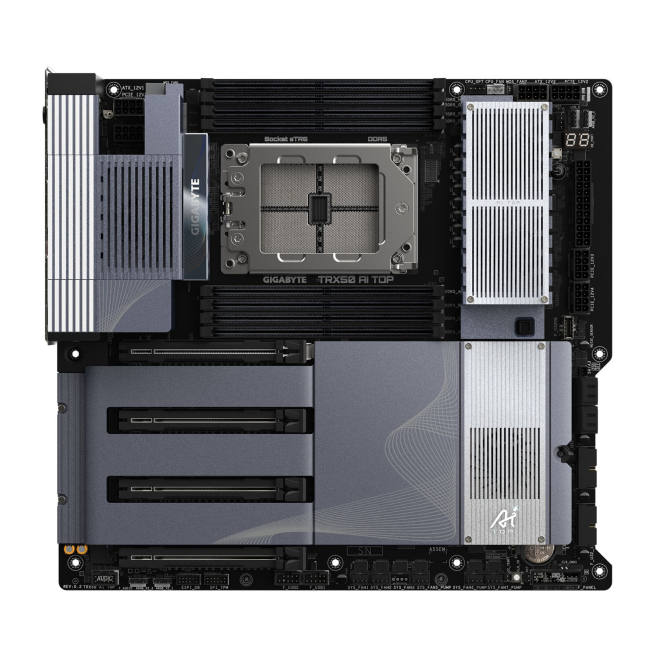 GIGABYTE TRX50 AI TOP - sTR5 E-ATX Motherboard, DDR5, 8x DIMM (up to 2TB), 4x M.2, Wi-Fi 7, 10GbE