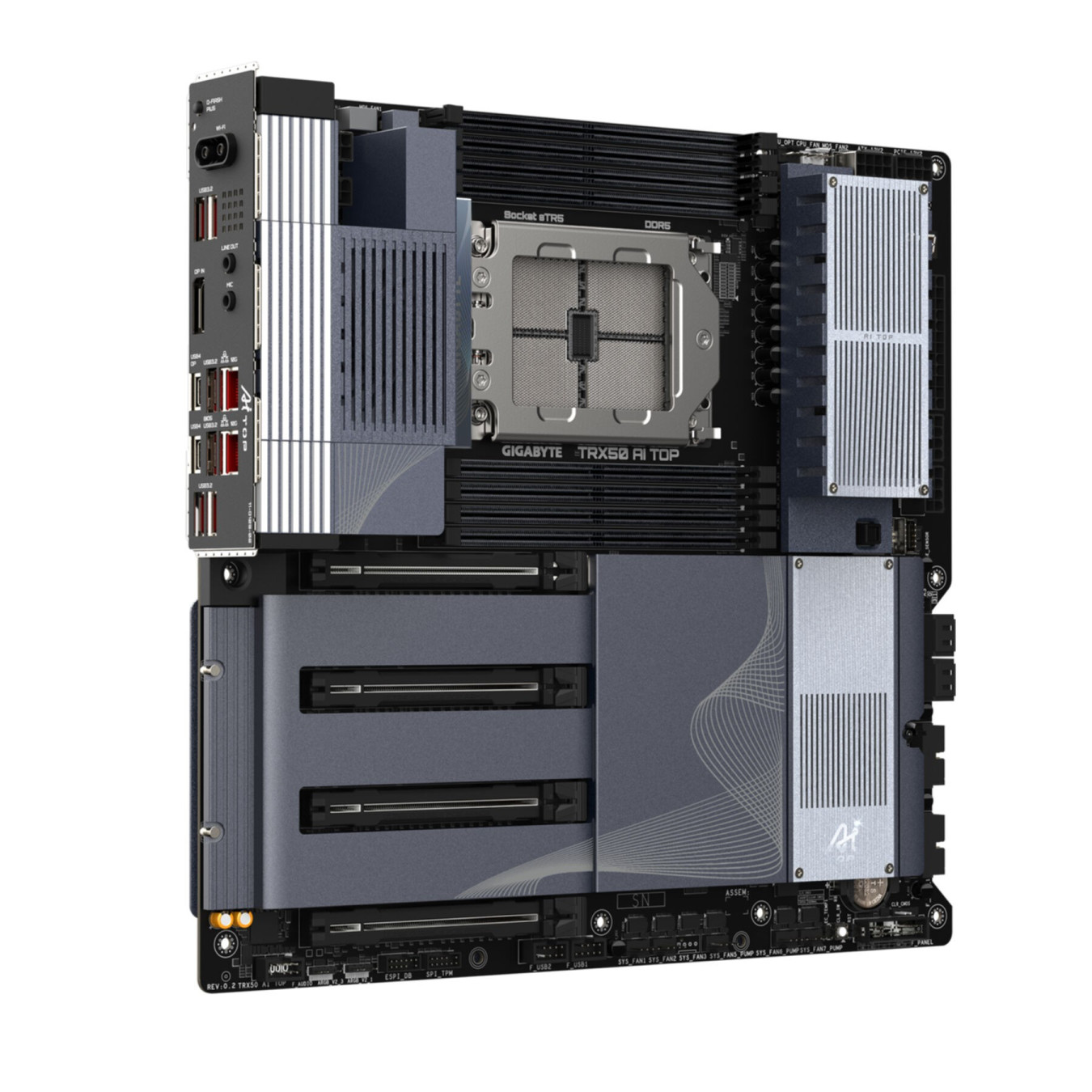 GIGABYTE TRX50 AI TOP - sTR5 E-ATX Motherboard, DDR5, 8x DIMM (up to 2TB), 4x M.2, Wi-Fi 7, 10GbE