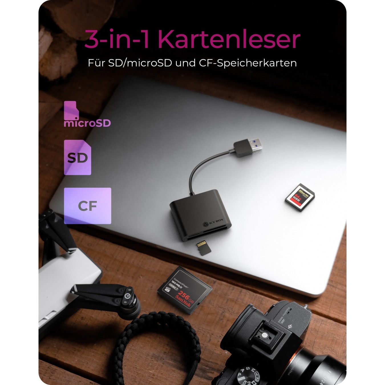 ICY BOX IB-CR301-U3 USB 3.0 SD MicroSD CF Kartenleser - IB-CR301-U3 - Black, 3-slot, 2 GB max