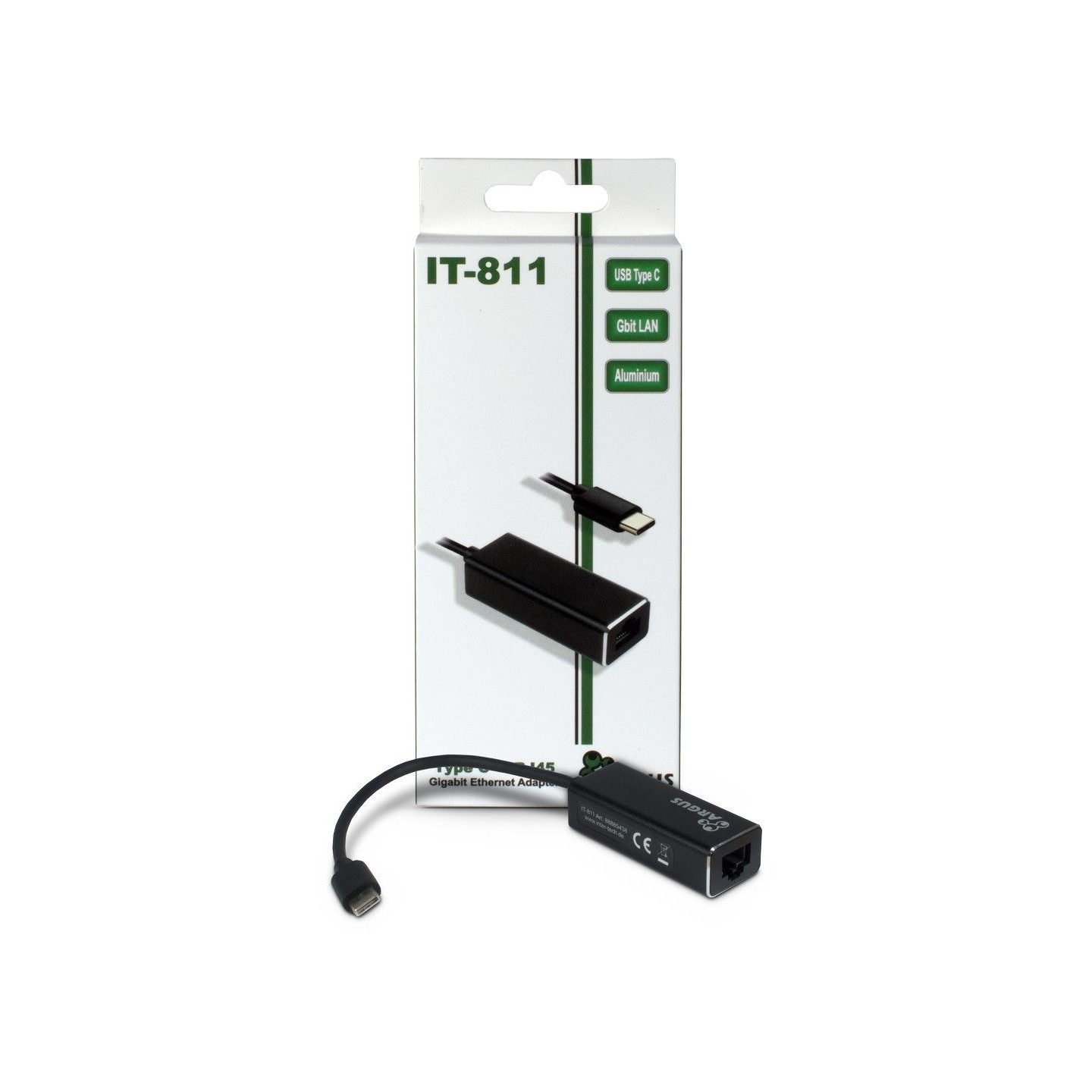 Adapter USB-C to Gigabit LAN RJ45 1000 Mbps Inter-Tech ARGUS - IT-811 - Black, USB-C, Gigabit