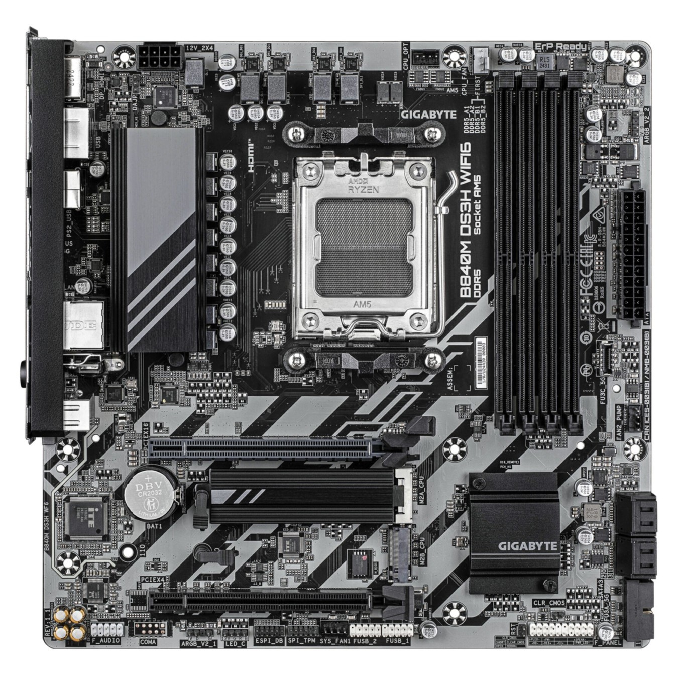 Gigabyte GA-B840M DS3H WF6 - GA-B840M DS3H WF6 - AM5 Micro-ATX DDR5, 256 GB max, 4 DIMMs, Dark brown, 2.5G Ethernet, WiFi 6