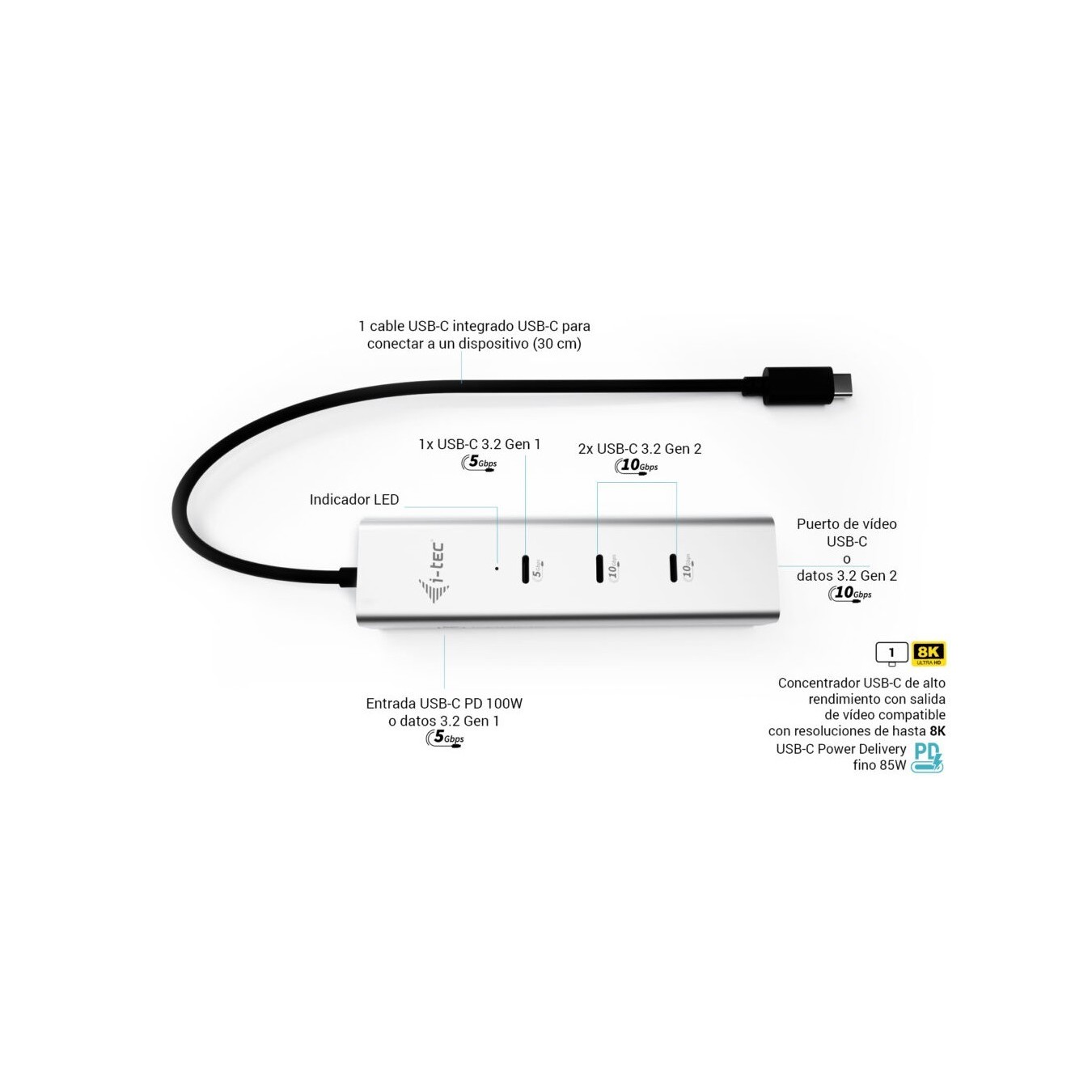 D I-TEC USB-C CHARGE HUB 5 PORTS - Silver, 85 W PD, 0.3 m Cable — Buy in Cyprus with Fast Delivery