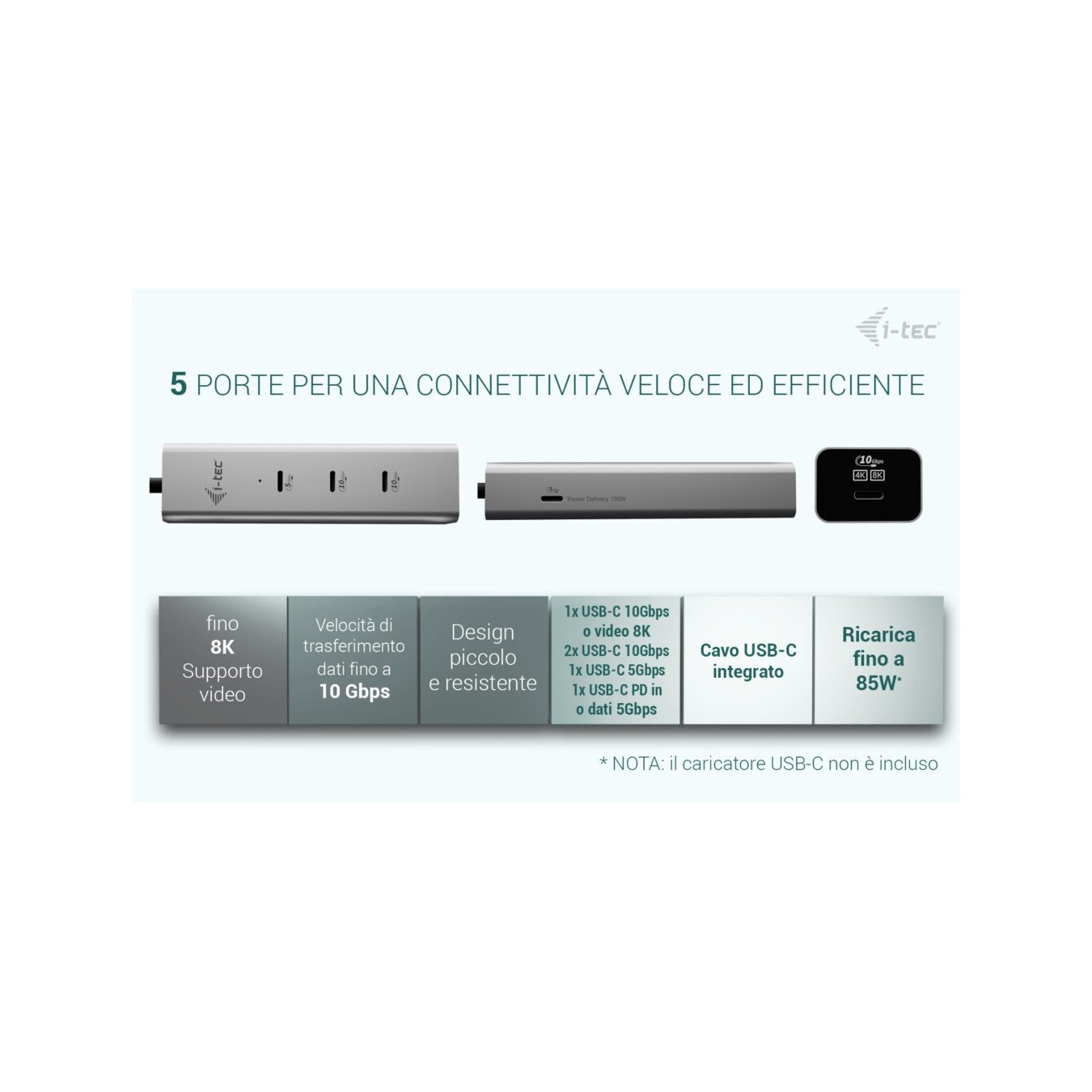 D I-TEC USB-C CHARGE HUB 5 PORTS - Silver, 85 W PD, 0.3 m Cable — Buy in Cyprus with Fast Delivery