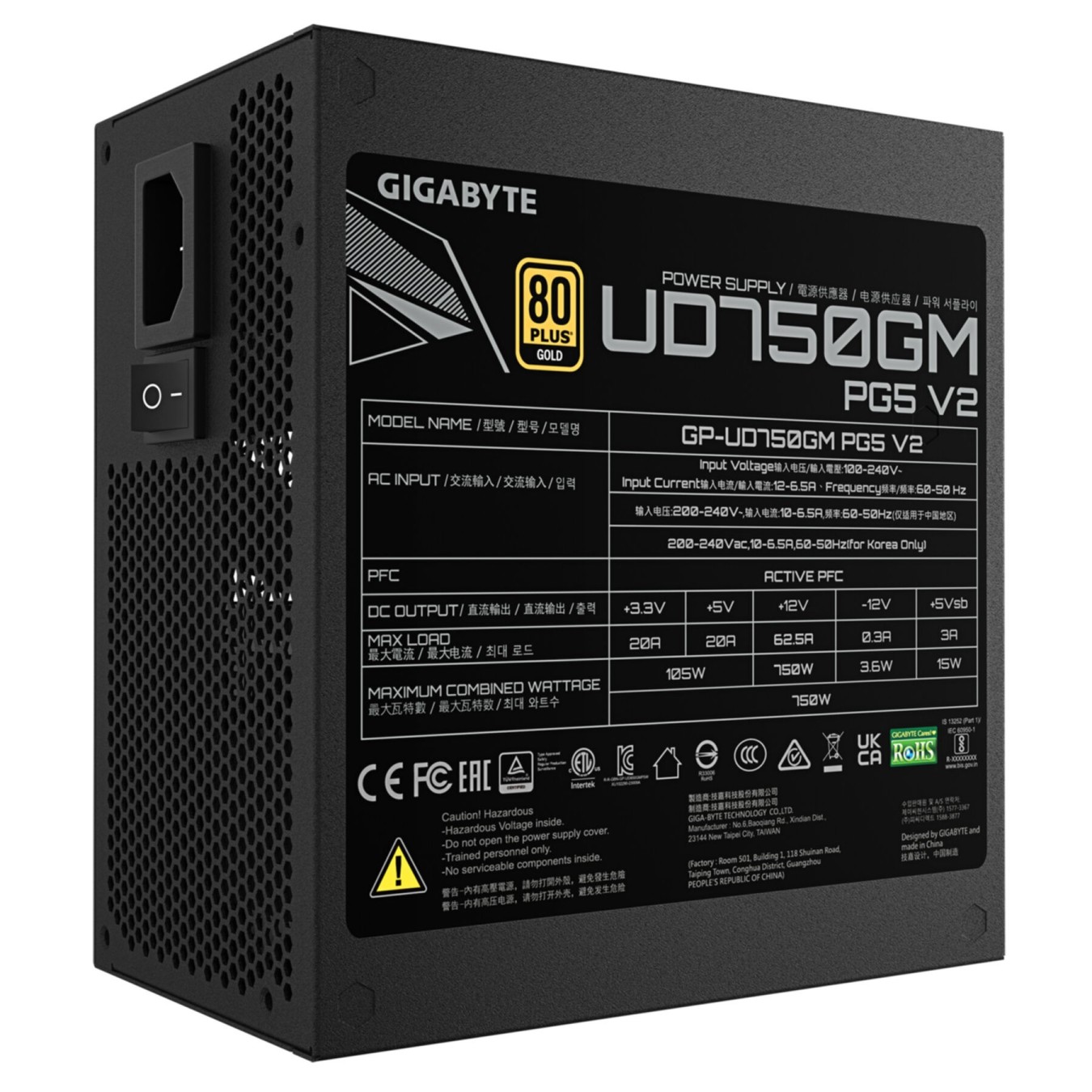 Power Supply Gigabyte GP-UD750GM V2 PG5 750W Gold - GP-UD750GM V2 - Black, ATX 3.1, 750 W, 80+ Gold, Fully Modular