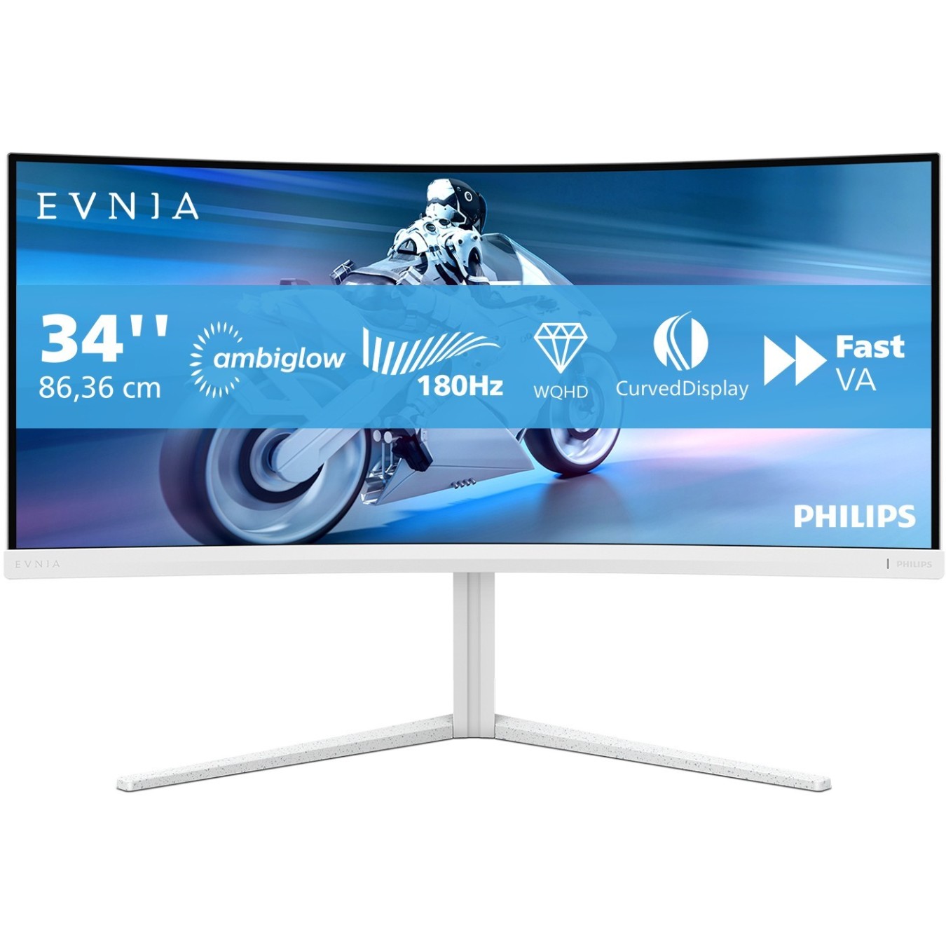Philips 86.4cm (34.0') - 34M2C5501A - White, 34-inch UWQHD curved monitor, 2xHDMI+DP+USB, 180 Hz, 1 ms