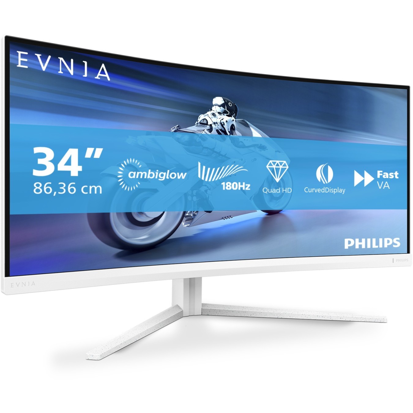 Philips 86.4cm (34.0') - 34M2C5501A - White, 34-inch UWQHD curved monitor, 2xHDMI+DP+USB, 180 Hz, 1 ms