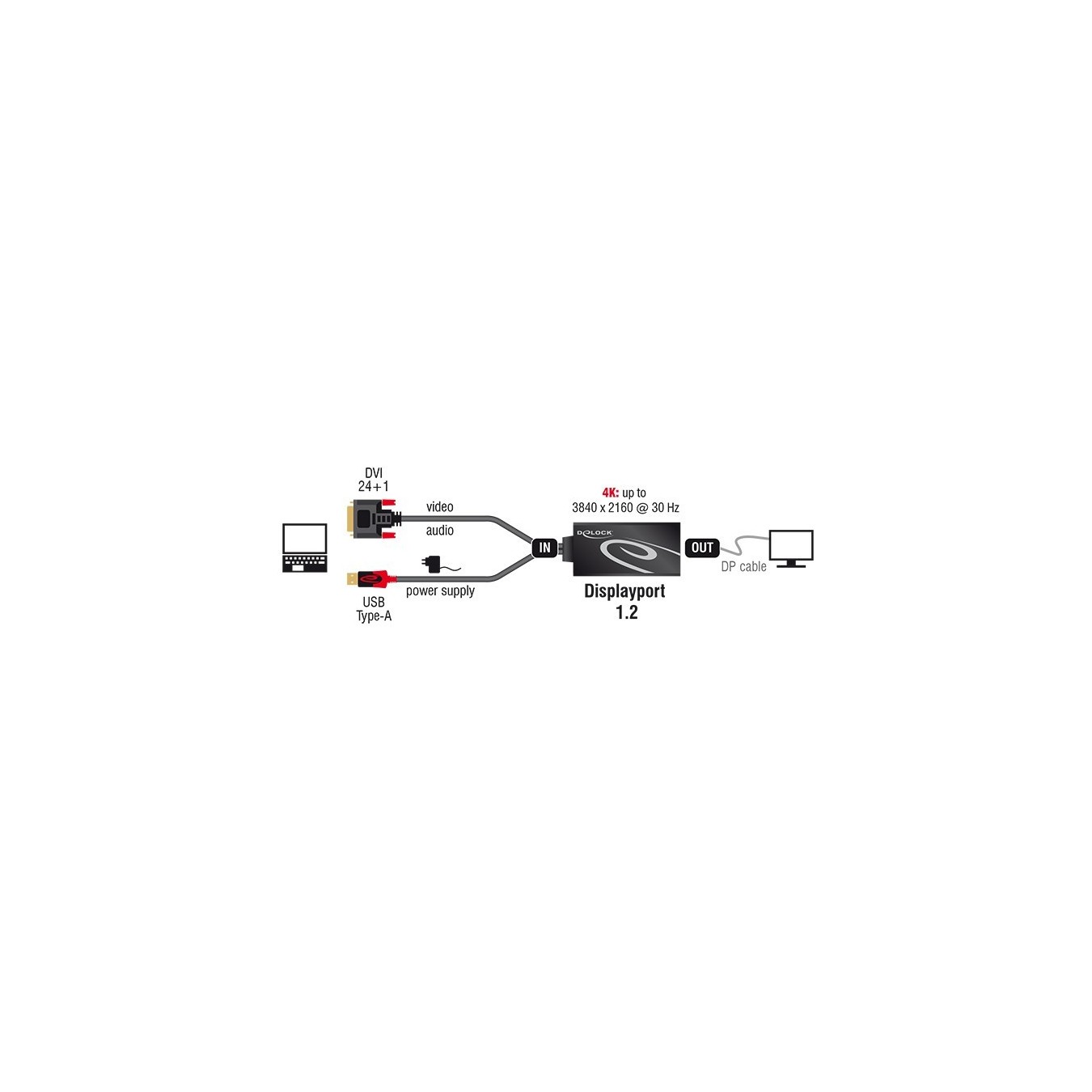DELOCK DVI-D + USB to DisplayPort 1.2 Adapter - Black, 0.3 m — Buy in Cyprus with Fast Delivery
