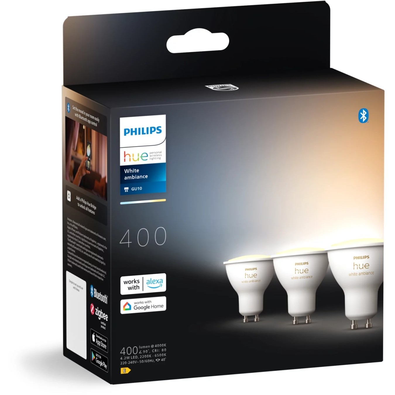 Philips Hue White Ambiance GU10 Dreierpack 3x350lm - White, Bluetooth/Zigbee, 220-240 V, 4.2 W