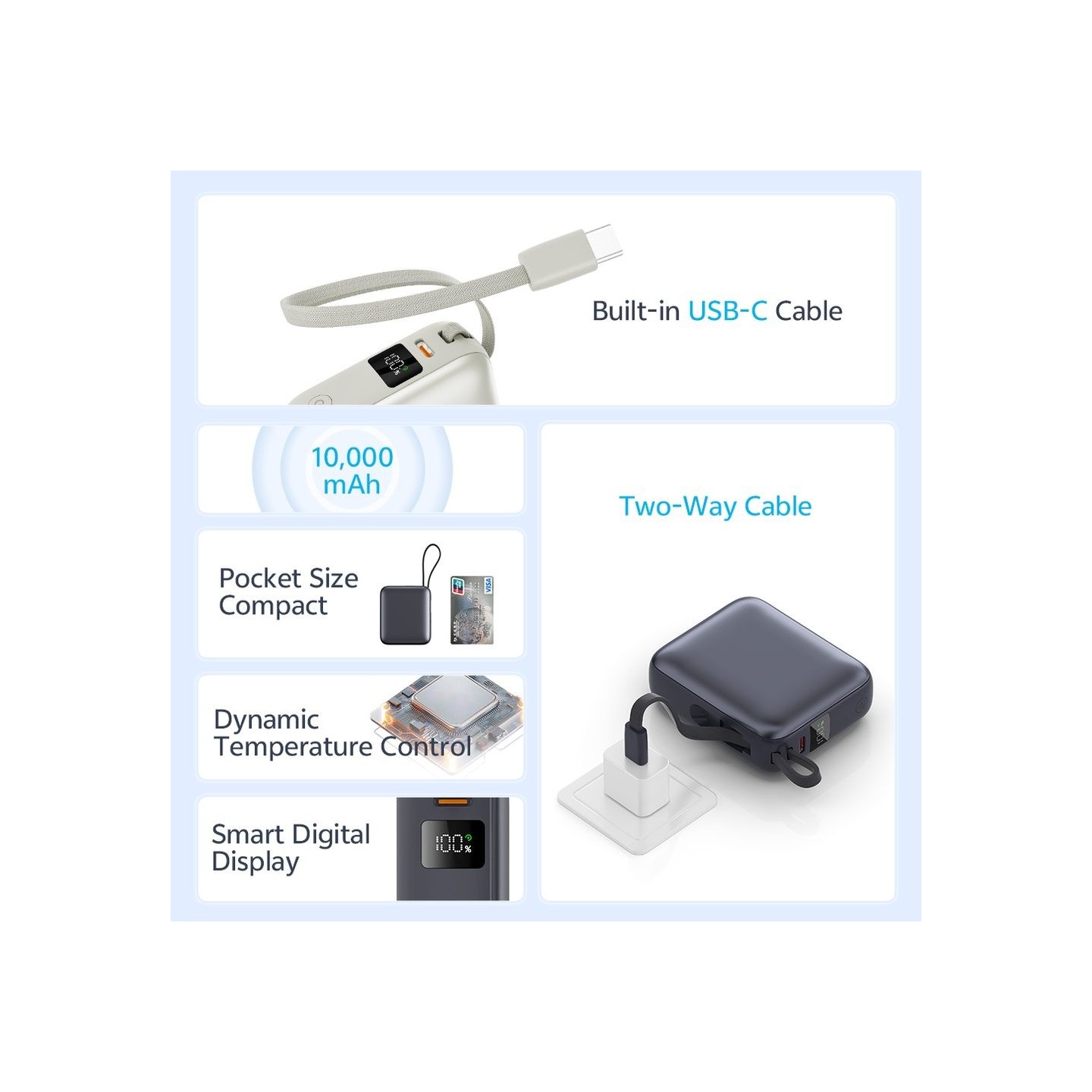 QCY PB10C Grey 10000mAh 35W PD fast charge power bank - PB10C - Grey, 10000mAh, 35W PD, Digital Display, Fireproof ABS+PC