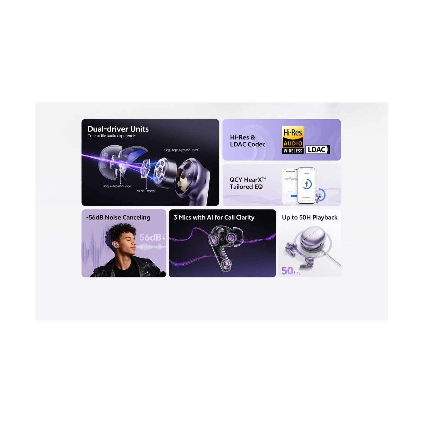 QCY Melobuds N70 ANC Silver Titanium - HT18 - TWS Flagship Hi-Res Earbuds, BT 6.0, IPX5, Wireless Charging