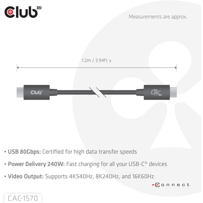 Buy Club3D USB-C Cable 80Gbps certified PD240W 8K240Hz 1.2m St St in Cyprus, Nicosia, Limassol, Larnaka, Pafos