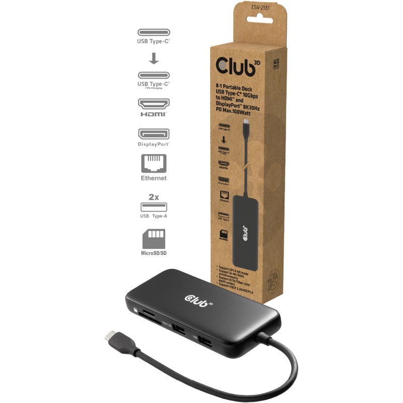 Buy Club3D USB-C 8in1-HUB - to DP1.4 HDMI2.0 USB-C LAN 8K30Hz PD100W in Cyprus, Nicosia, Limassol, Larnaka, Pafos