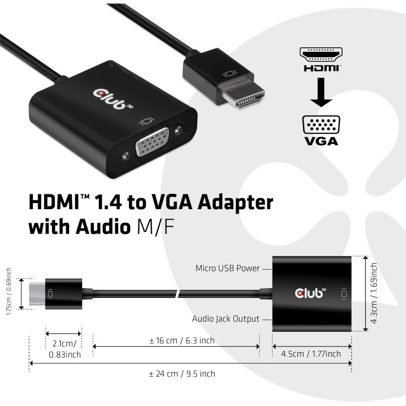 Buy Club3D Adapter HDMI 1.4 to VGA (with Audio) St Bu retail - HDMI 1.4 to VGA (... in Cyprus, Nicosia, Limassol, Larnaka, Pafos