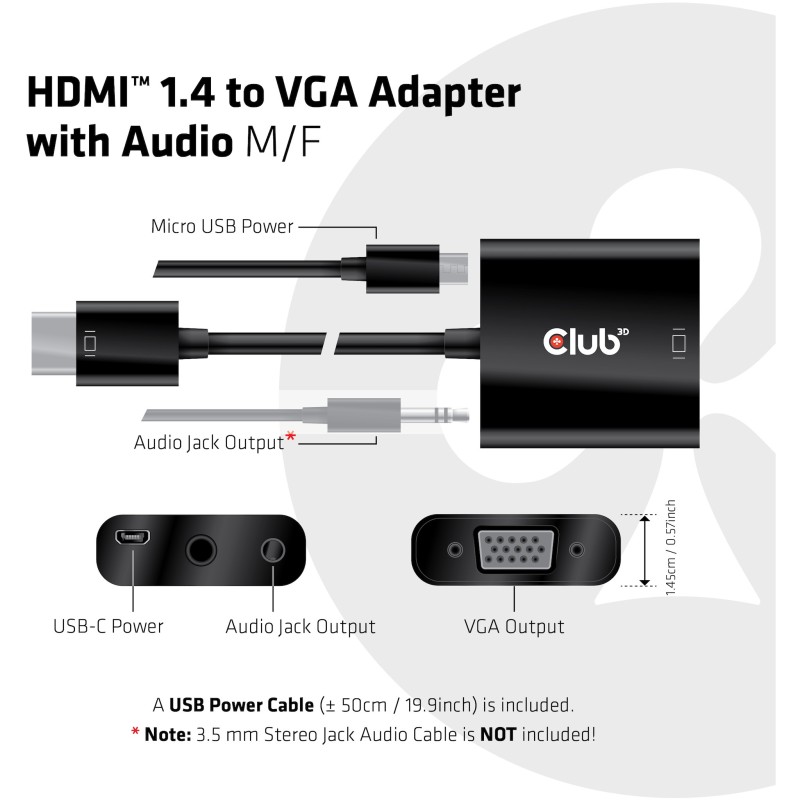Buy Club3D Adapter HDMI 1.4 to VGA (with Audio) St Bu retail - HDMI 1.4 to VGA (... in Cyprus, Nicosia, Limassol, Larnaka, Pafos