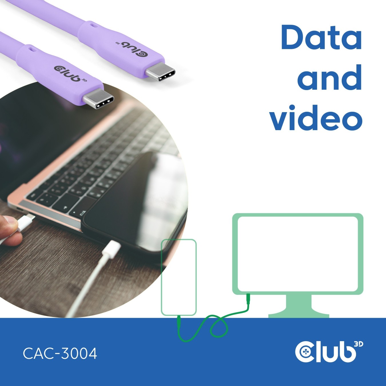 Club3D Lifestyle USB-C Cable PD 240W 20Gbps 2m Purple St St - USB-C — Buy in Cyprus with Fast Delivery