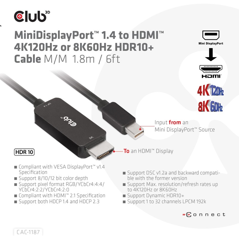 Buy Club3D Cable MiniDP 1.4 to HDMI - 1.8m - 8K60Hz in Cyprus, Nicosia, Limassol, Larnaka, Pafos