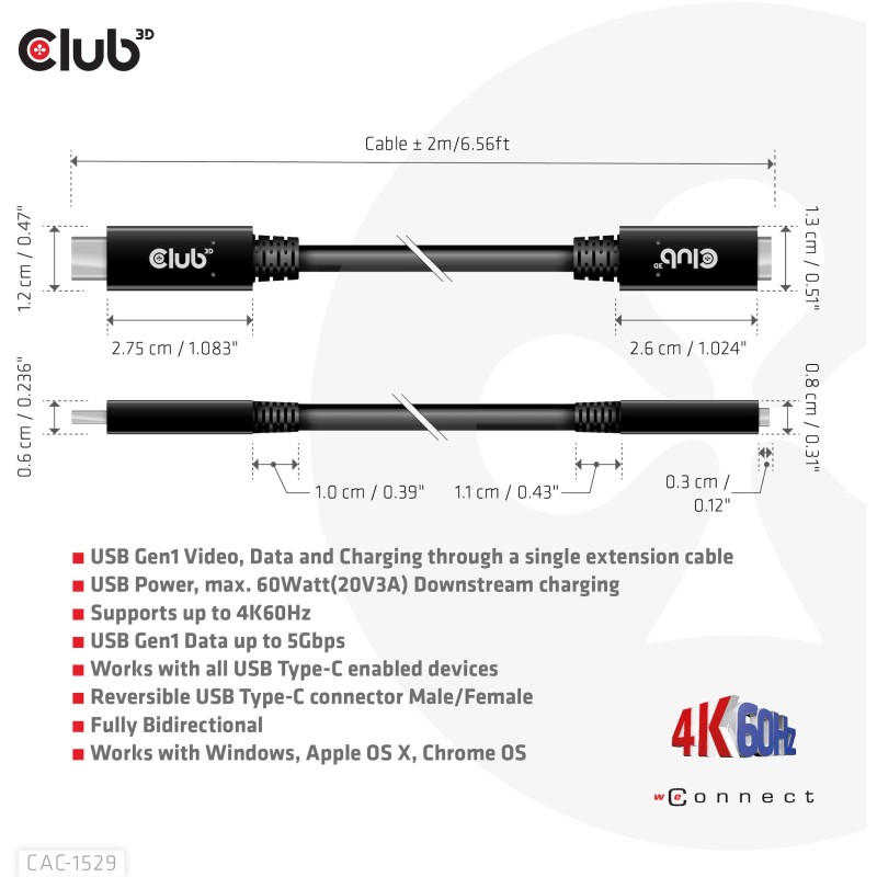 Buy Club3D USB-C Cable - USB 3.2 Type-C 2m Extension 5Gbps in Cyprus, Nicosia, Limassol, Larnaka, Pafos