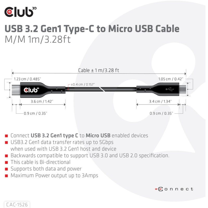 Buy Club3D Cable USB 3.2 Type C to Micro USB - 1m Stainless Steel in Cyprus, Nicosia, Limassol, Larnaka, Pafos