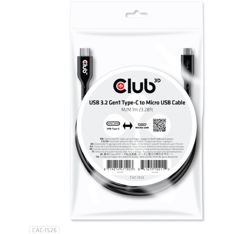 Buy Club3D Cable USB 3.2 Type C to Micro USB - 1m Stainless Steel in Cyprus, Nicosia, Limassol, Larnaka, Pafos