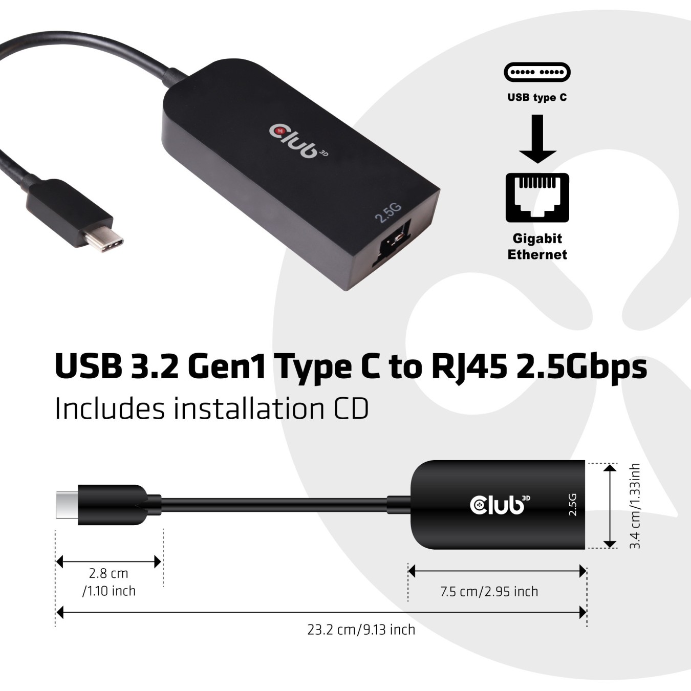 Club3D Adapter - USB 3.2 Type C to RJ45 2.5Gb St Bu — Buy in Cyprus with Fast Delivery