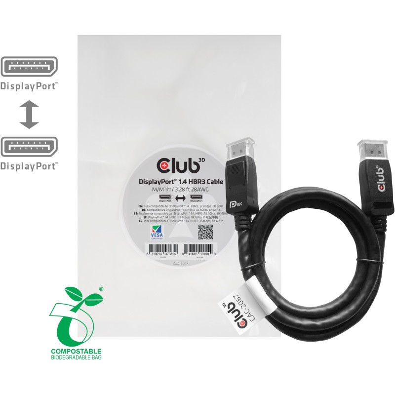 Buy Club3D DisplayPort Cable - 1.4 - HBR3 - 32.4Gb/s - 1 m - 8K60Hz - St St Polybag in Cyprus, Nicosia, Limassol, Larnaka, Pafos
