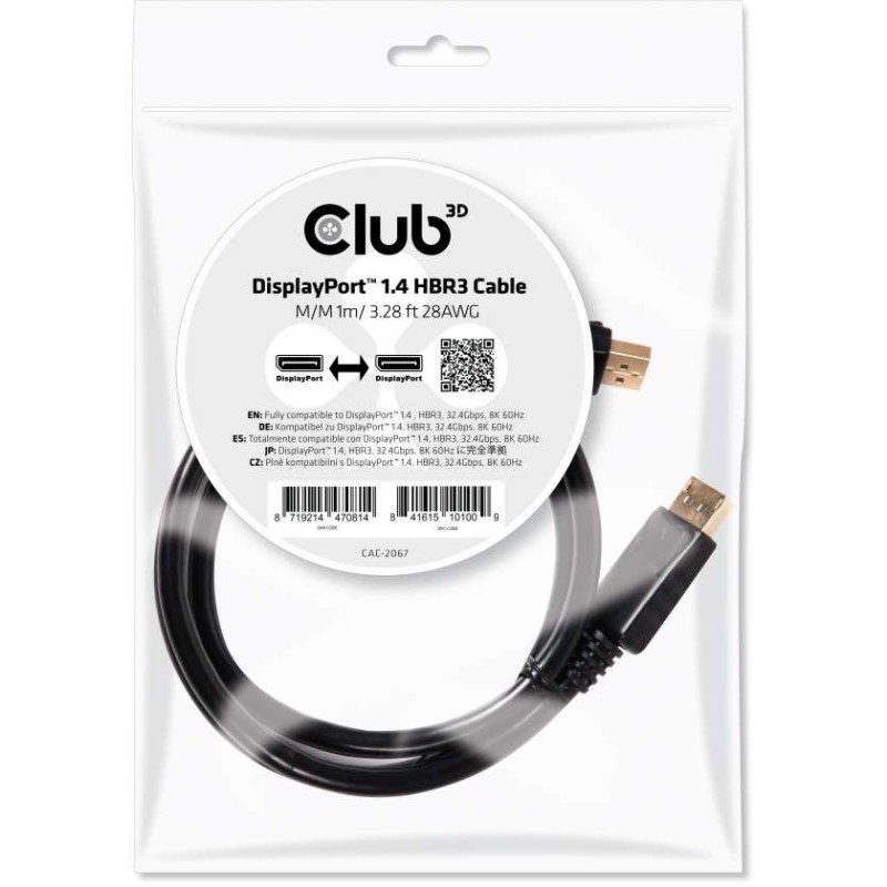 Buy Club3D DisplayPort Cable - 1.4 - HBR3 - 32.4Gb/s - 1 m - 8K60Hz - St St Polybag in Cyprus, Nicosia, Limassol, Larnaka, Pafos