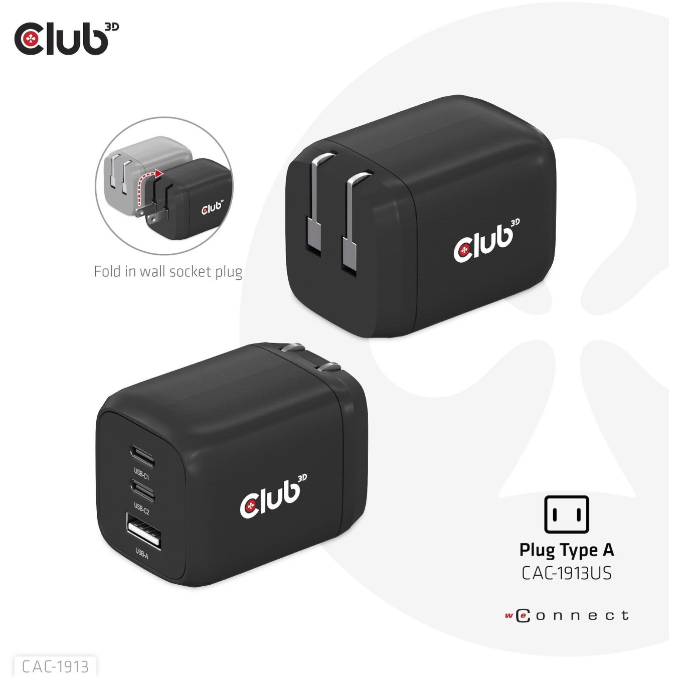 Club3D Charger - 2x USB-C, 1x USB-A, PD 65W, GaN, Retail — Buy in Cyprus with Fast Delivery