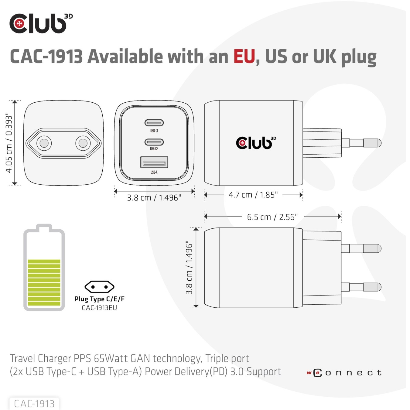 Club3D Charger - 2x USB-C, 1x USB-A, PD 65W, GaN, Retail — Buy in Cyprus with Fast Delivery