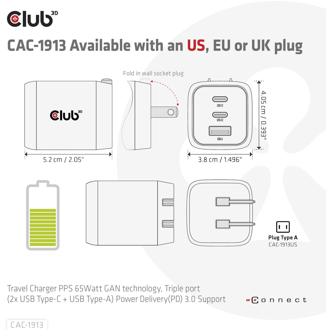 Club3D Charger - 2x USB-C, 1x USB-A, PD 65W, GaN, Retail — Buy in Cyprus with Fast Delivery