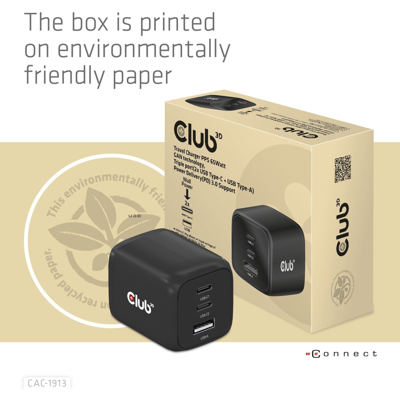 Club3D Charger - 2x USB-C, 1x USB-A, PD 65W, GaN, Retail — Buy in Cyprus with Fast Delivery